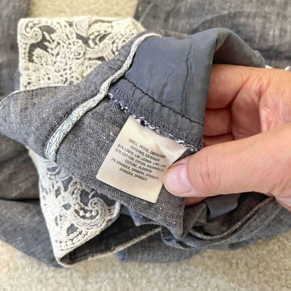 Elevenses Brighton Chambray Lace Overlay Lightweight Linen Pocket Flare Pant - Picture 10 of 10